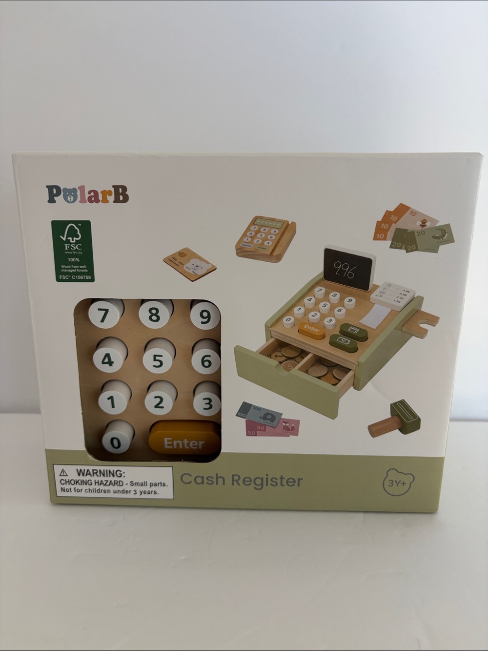 Kids Wooden Cash Register Toy in Green and Natural